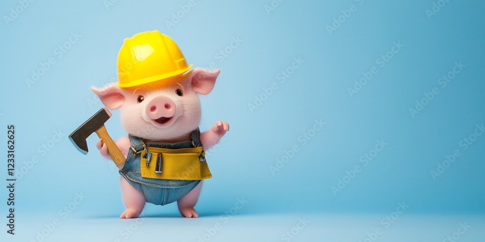 Cheerful Pink Piggy in Construction Gear Holding Hammer, Perfect for Cute Animal-Themed Creative Design Concepts Cheerful Pink Piggy in Construction Gear Holding Hammer, Perfect for Cute Animal-Themed Creative Design Concepts