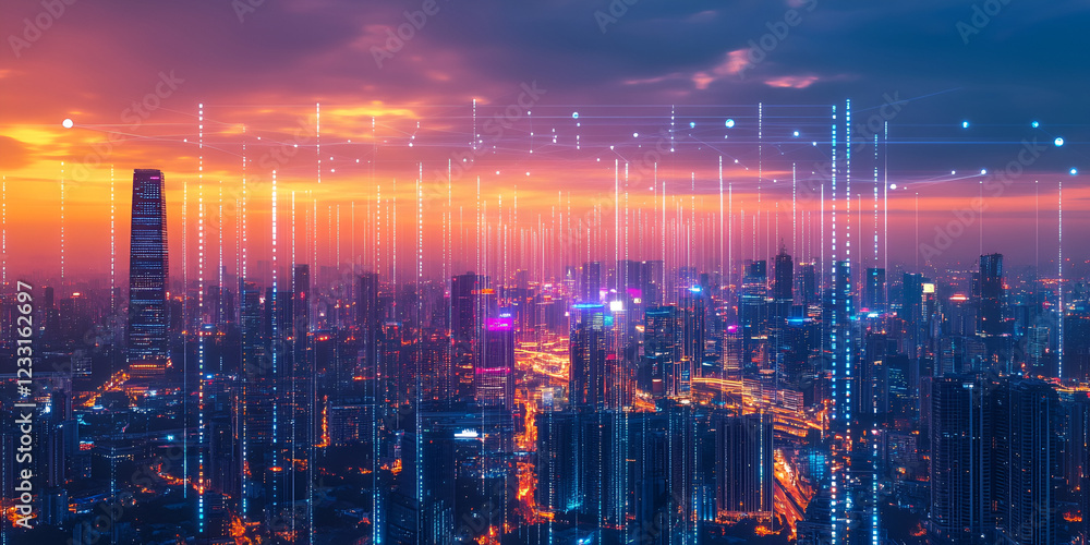 Cyber City Skyline with Digital Signals and Neon Lights Cyber City Skyline with Digital Signals and Neon Lights
