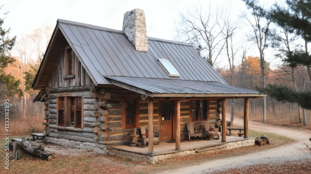 Rustic Log Cabin in Autumn Woods Rustic Log Cabin in Autumn Woods
