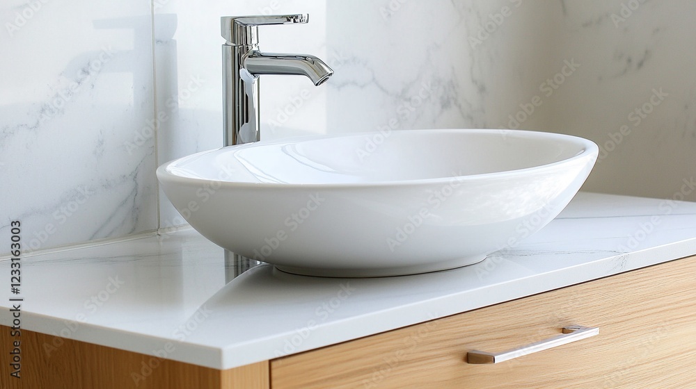 Fototapeta premium Modern Oval White Ceramic Vessel Sink on Polished Marble Countertop with Light Oak Drawers and Chrome Faucet in Soft Natural Light for Clean Bathroom Design Inspiration