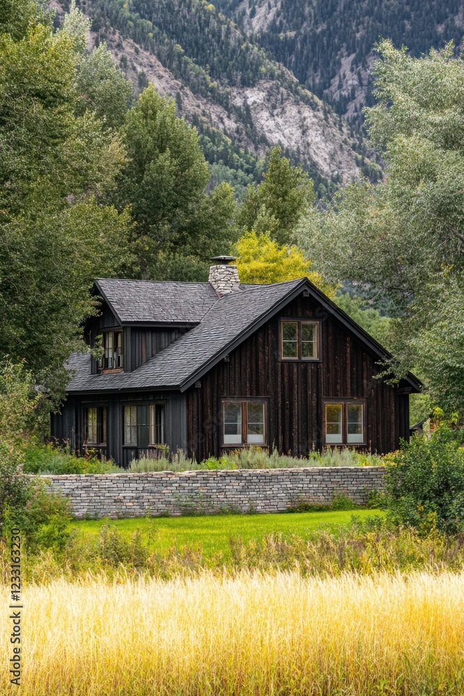 Obraz premium Nestled amidst lush greenery and majestic mountains, this charming wooden cabin offers a tranquil escape on a serene day within a picturesque rural landscape