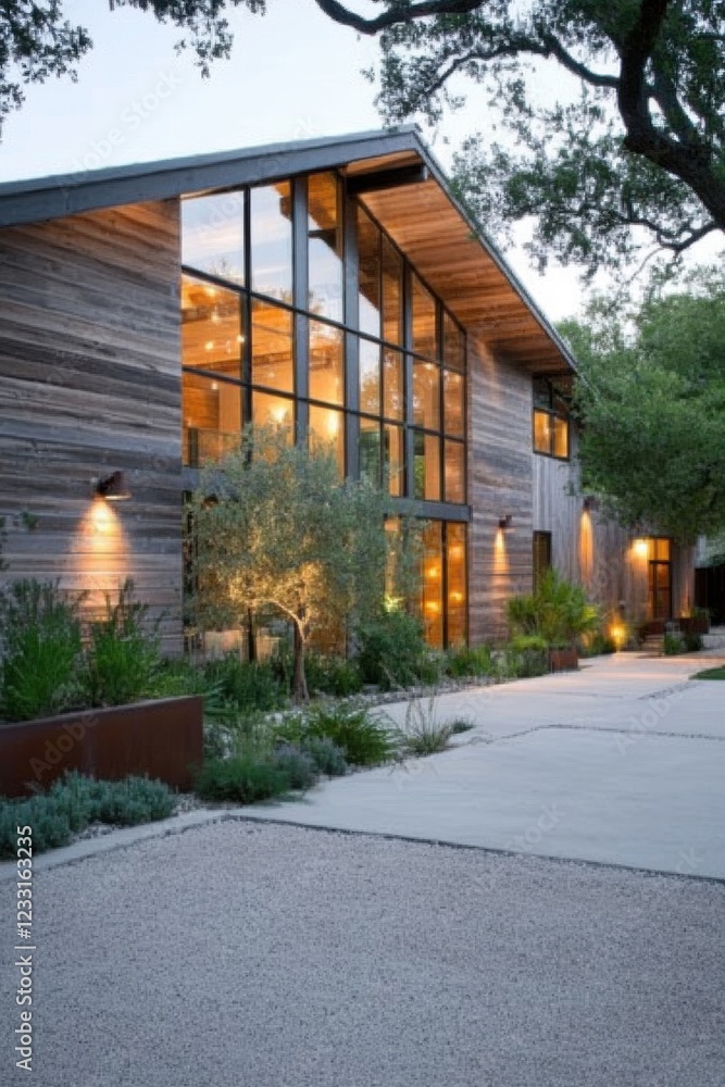 Modern wooden house with large windows and outdoor garden at dusk, showcasing contemporary architecture and peaceful surroundings Modern wooden house with large windows and outdoor garden at dusk, showcasing contemporary architecture and peaceful surroundings
