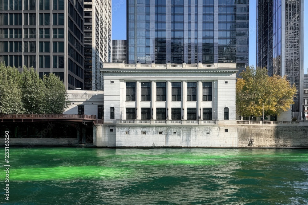 Naklejka premium In the heart of Chicago during mid-autumn, the vibrant green waters beautifully contrast with the stunning city architecture lining the riverbanks