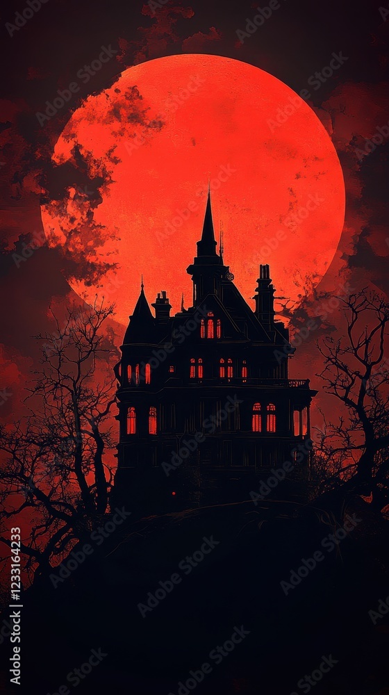 Haunted Mansion Silhouette Against Blood Red Moon Haunted Mansion Silhouette Against Blood Red Moon