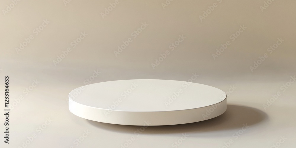 Minimalist 3D Mock-Up of Floating Circular Pedestal for Product Display with Neutral Beige Background and Natural Lighting Minimalist 3D Mock-Up of Floating Circular Pedestal for Product Display with Neutral Beige Background and Natural Lighting
