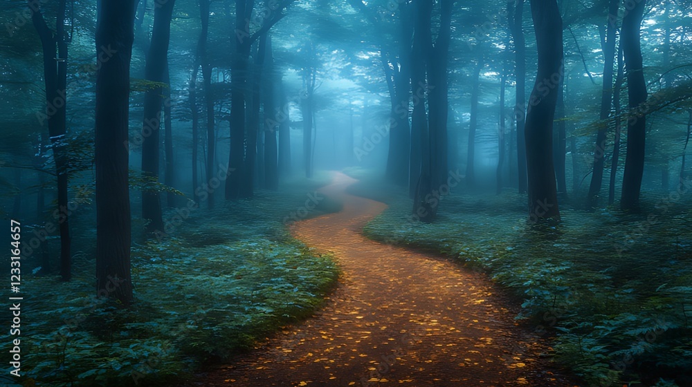 Fototapeta premium Misty forest path winding through trees, autumn leaves, background blur, nature scene