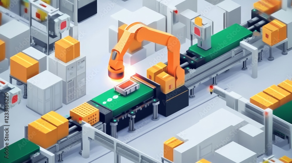 Modern Robotic Arm in Futuristic Automated Warehouse Environment Modern Robotic Arm in Futuristic Automated Warehouse Environment