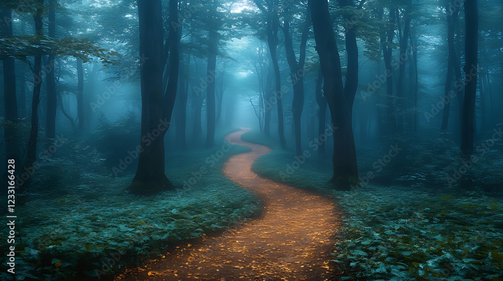 Naklejka premium Mystic forest path, fog, trees, autumn leaves, winding, nature, fantasy, magical, background, illustration