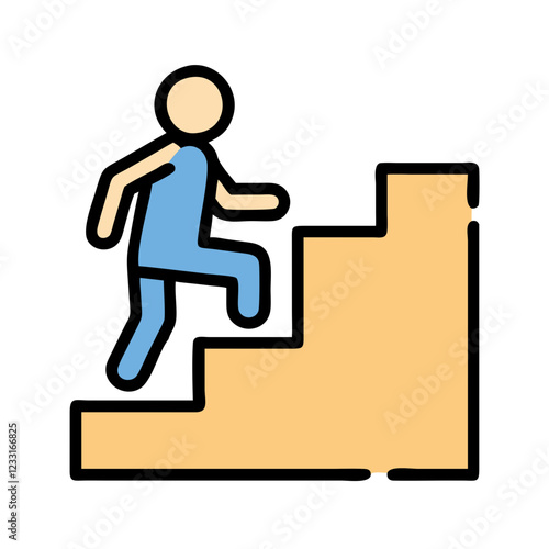 Climbing stairs icon with blue and beige colors representing fitness and progress in a dynamic design