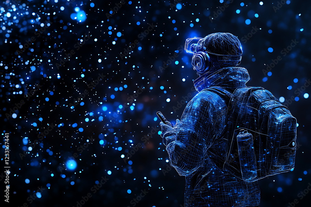 Fototapeta premium Glowing wireframe of an astronomer observing the night sky