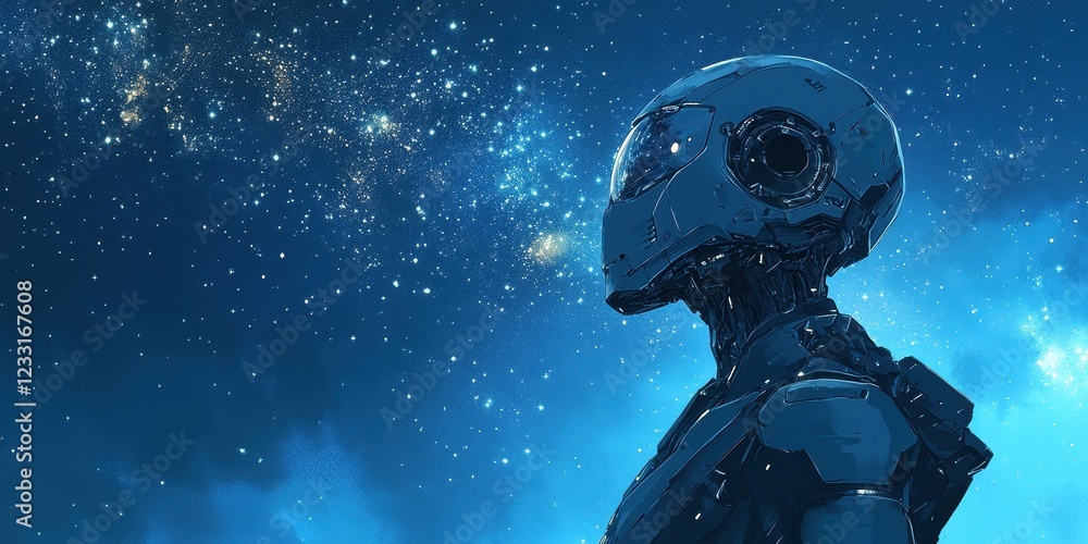A futuristic robot gazes at the starry night sky A futuristic robot gazes at the starry night sky