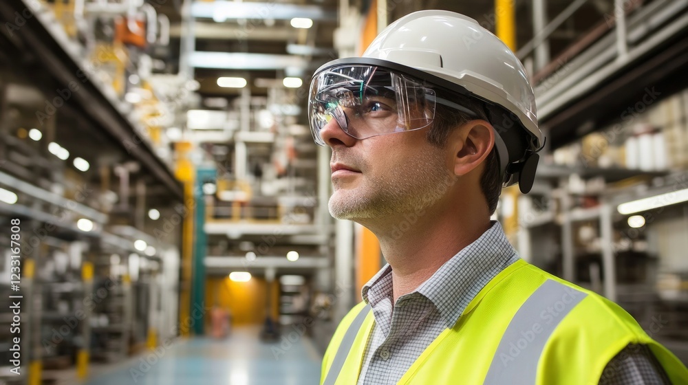 Professional Male Worker in Safety Gear at Industrial Facility Professional Male Worker in Safety Gear at Industrial Facility
