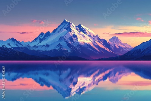 Majestic snow capped mountains reflected in a calm lake at sunset photo