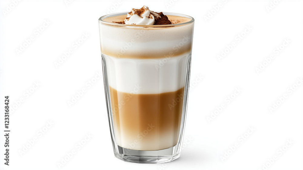 latte macchiato in tall clear glass isolated on white background latte macchiato in tall clear glass isolated on white background