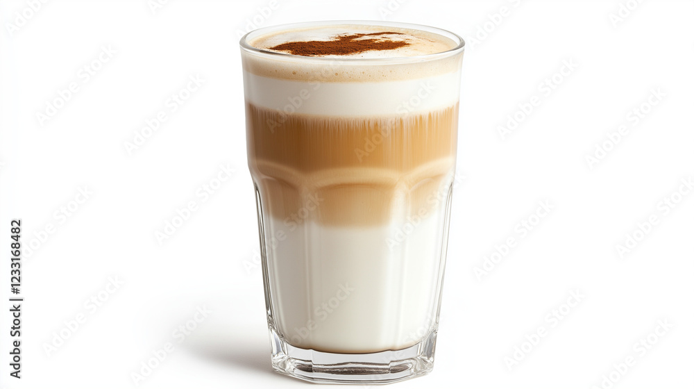 latte macchiato in tall clear glass isolated on white background latte macchiato in tall clear glass isolated on white background