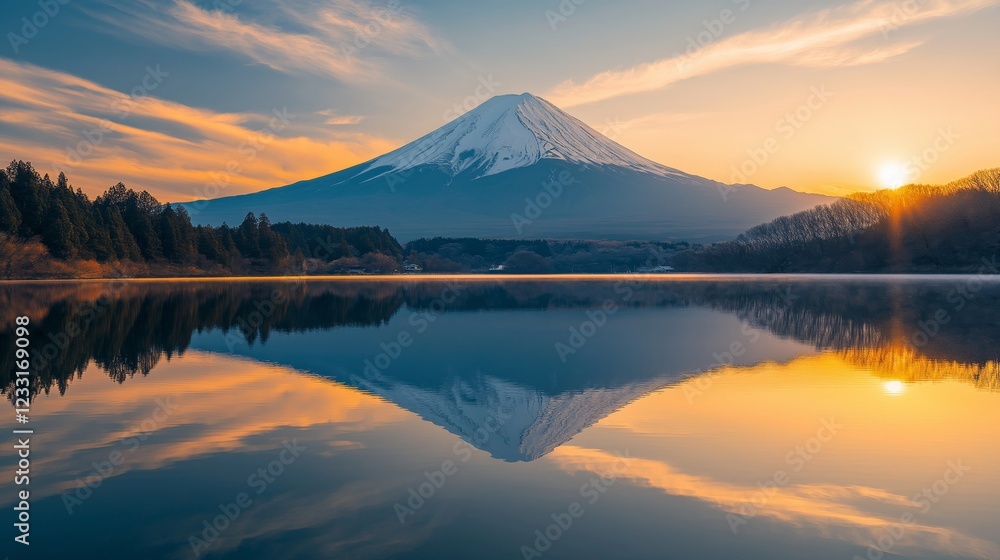 mountain reflected perfectly in a tranquil lake, under a golden sunset mountain reflected perfectly in a tranquil lake, under a golden sunset