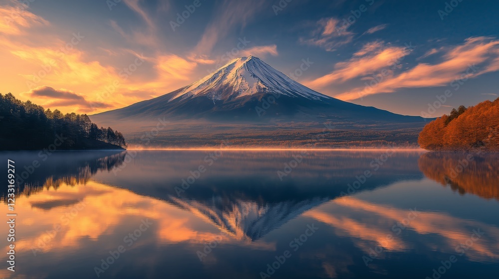 mountain reflected perfectly in a tranquil lake, under a golden sunset mountain reflected perfectly in a tranquil lake, under a golden sunset