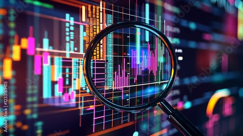 Data Analysis: Magnifying Glass over vibrant digital graphs and charts