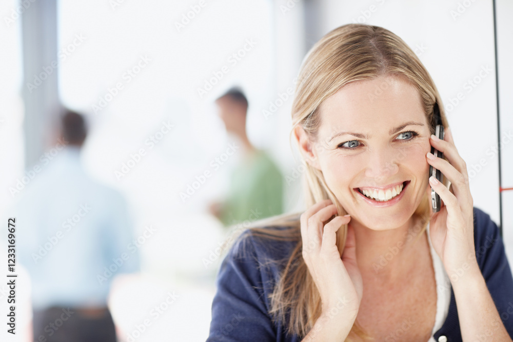 Smile, woman and talking with phone call at new house for loan negotiation, mortgage approval and contact. Happy, female person and mobile for discussion with bank, financial feedback and investment Smile, woman and talking with phone call at new house for loan negotiation, mortgage approval and contact. Happy, female person and mobile for discussion with bank, financial feedback and investment