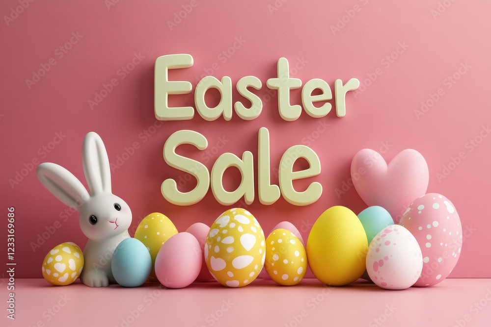 Easter Sale: Cute Bunny and Colorful Eggs on Pink Background for Festive Promotion Easter Sale: Cute Bunny and Colorful Eggs on Pink Background for Festive Promotion