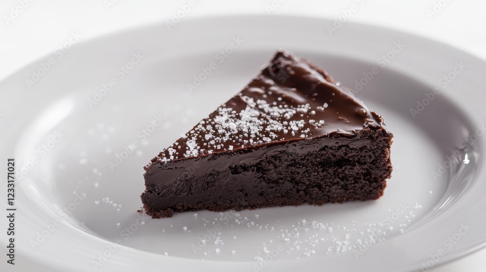 A slice of rich fudge brownie with a glossy chocolate glaze and a sprinkle of sea salt, placed on a plain white plate, Slice centered with a slightly angled view A slice of rich fudge brownie with a glossy chocolate glaze and a sprinkle of sea salt, placed on a plain white plate, Slice centered with a slightly angled view