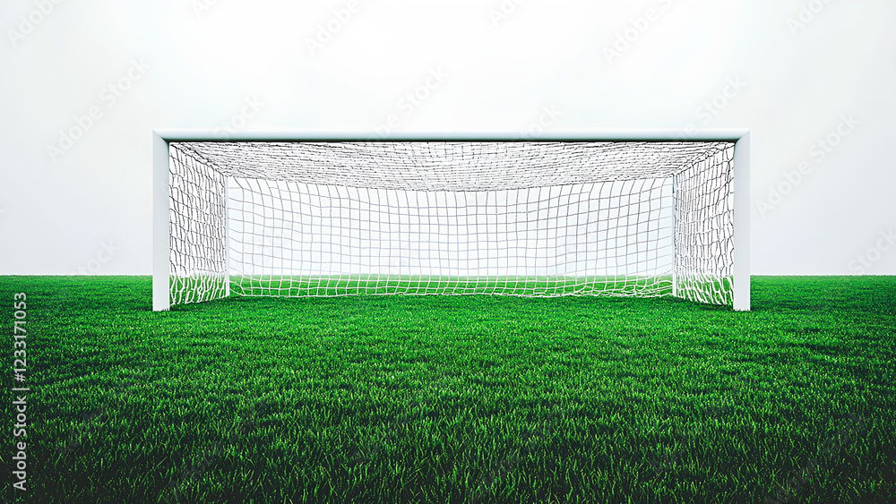 Fototapeta premium Soccer Goal on Green Field – Football Goalpost with Net on Grass Pitch
