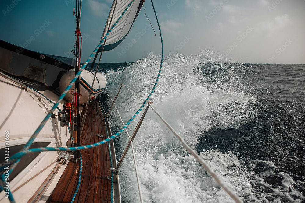 Obraz premium Sailing on a sailboat among big waves