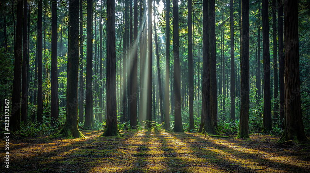 Fototapeta premium Lush tropical rainforest with towering trees, sunlight filtering through the dense canopy, casting intricate shadows on the forest floor, creating a peaceful atmosphere. 