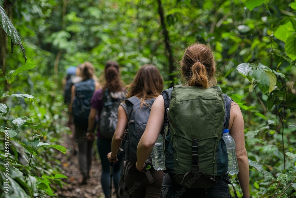 Group of friends hiking through a dense forest trail, with backpacks and water bottles in hand. Group of friends hiking through a dense forest trail, with backpacks and water bottles in hand.