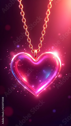 Bright pink heart on a chain. Valentines, love and romantic illustration. Background for a smartphone screen.