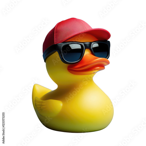 Cool Duck: A yellow rubber duck, sporting a red baseball cap and sunglasses, exudes a playful and cool vibe. The duck's expression is cheeky and fun.