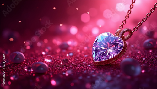 Crystal heart on a chain on red bokeh background. Valentines, love and romantic illustration