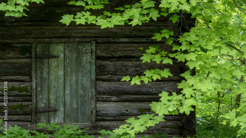 Rustic log cabin door, green leaves, forest
