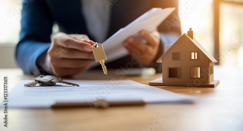 Close-up of a real estate agent holding house keys with contract documents and a wooden house model on a desk, symbolizing property sales and ownership