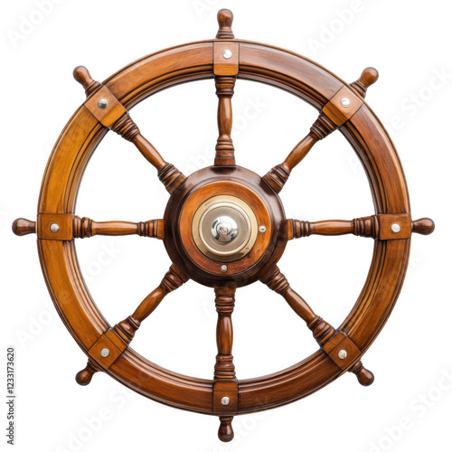 Classic Ship's Wheel: A meticulously crafted wooden ship's wheel, showcasing its rich brown tones and intricate details, speaks to nautical adventures and seafaring heritage. photo