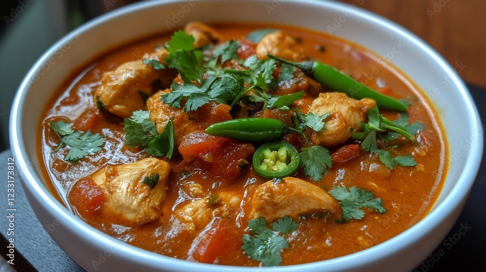 Bowl of desi chicken karahi a rich tomato and ginger gravy garnished with green chilies and cilantro Bowl of desi chicken karahi a rich tomato and ginger gravy garnished with green chilies and cilantro