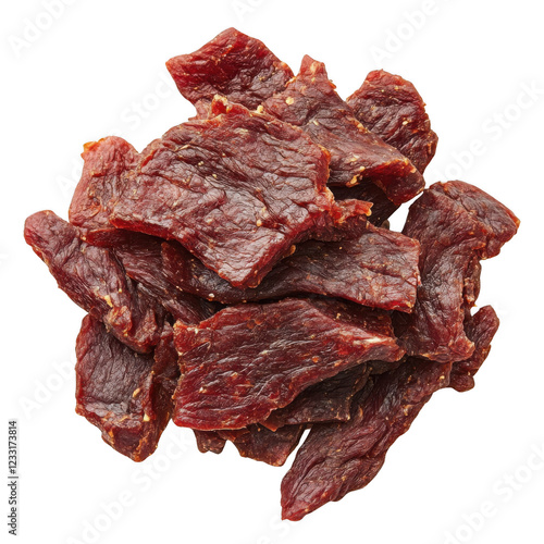 Savory Beef Jerky: A close-up shot showcasing the mouthwatering texture and rich, deep red hue of thinly sliced, seasoned beef jerky. The image captures the essence of this popular snack.
