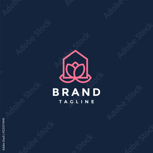 Simple Flower House Line Logo Design. Flower Line In House Icon Logo Design.