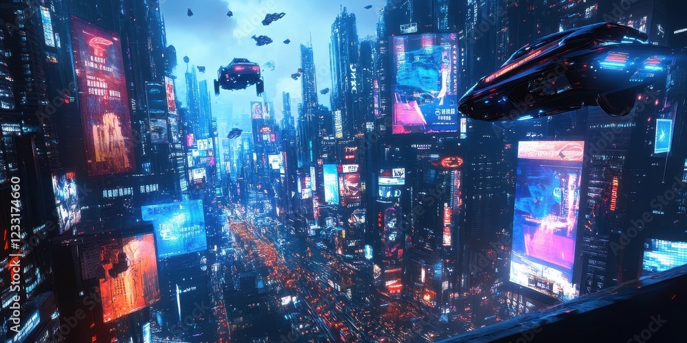 Futuristic Cityscape With Flying Vehicles Above Neon Lit Streets Futuristic Cityscape With Flying Vehicles Above Neon Lit Streets