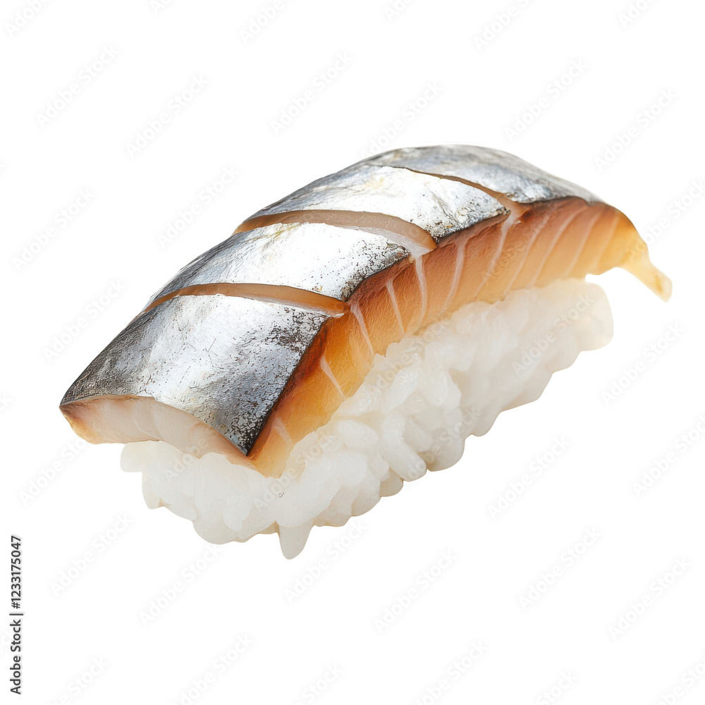 Saba Sushi: A single piece of expertly prepared Saba (Mackerel) sushi, showcasing the glistening, subtly charred surface of the fish atop a bed of perfectly formed sushi rice. Saba Sushi: A single piece of expertly prepared Saba (Mackerel) sushi, showcasing the glistening, subtly charred surface of the fish atop a bed of perfectly formed sushi rice.