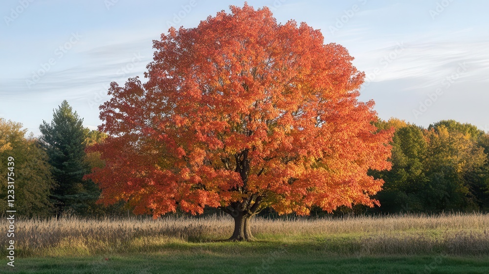 a towering sugar maple tree with explosive autumn colors backlit by golden sunset light streaming through its vibrant red and orange leaves a towering sugar maple tree with explosive autumn colors backlit by golden sunset light streaming through its vibrant red and orange leaves