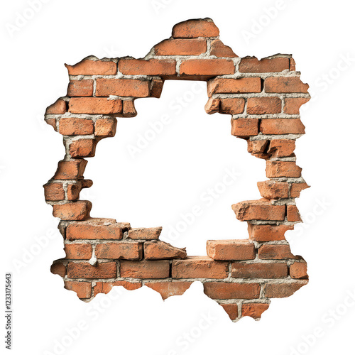 Hole in Brick Wall: A square hole breaks through a weathered red brick wall, creating a dramatic and textured frame. The rough edges and crumbling bricks suggest age and decay.