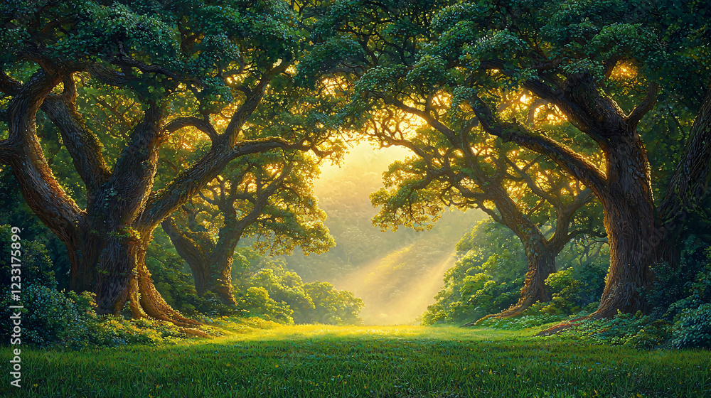 Majestic rainforest landscape with ancient towering trees, golden light streaming through the foliage, and a tranquil mist settling in the background. Majestic rainforest landscape with ancient towering trees, golden light streaming through the foliage, and a tranquil mist settling in the background.