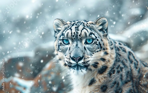 Detailed View of a Snow Leopard in the Himalayan Mountains photo