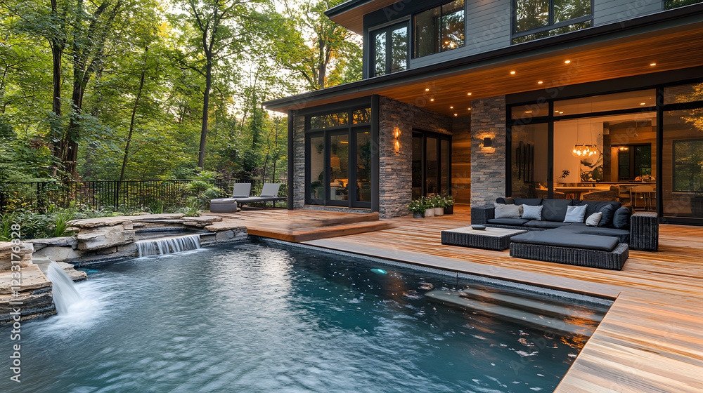 Obraz premium A stunning modern house with a wooden deck, cozy outdoor lounge, and a natural swimming pool with cascading waterfalls