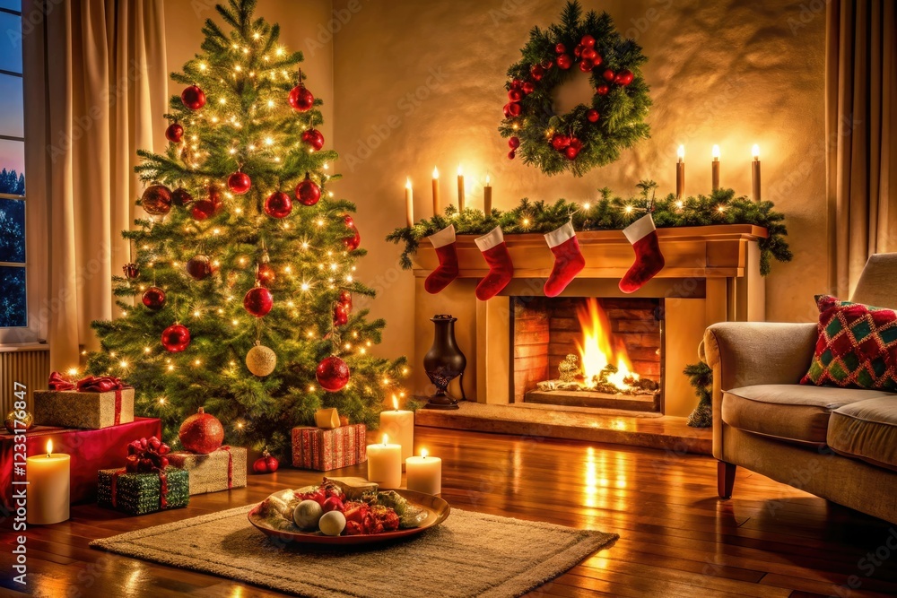 Cozy living room with a Christmas tree, candles, stockings, and festive decorations, warm fireplace crackling in the background, festive ambiance, warm atmosphere, twinkling lights, living room Cozy living room with a Christmas tree, candles, stockings, and festive decorations, warm fireplace crackling in the background, festive ambiance, warm atmosphere, twinkling lights, living room