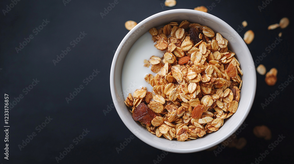 white bowl of granola with milk isolated on 3 d black background white bowl of granola with milk isolated on 3 d black background
