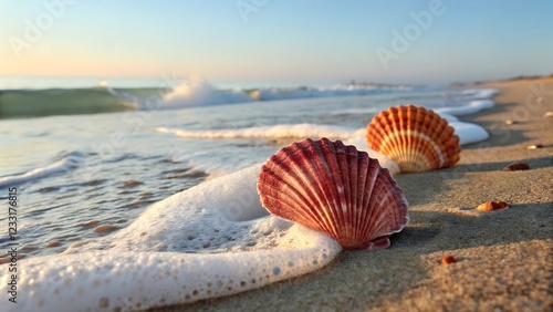 Two stunning seashells are nestled on the sandy beach, caught in the gentle embrace of ocean waves, representing the calm beauty of nature and seaside tranquility. 
