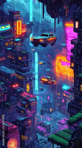 Futuristic Cityscape Raining Neon Lights Flying Cars photo