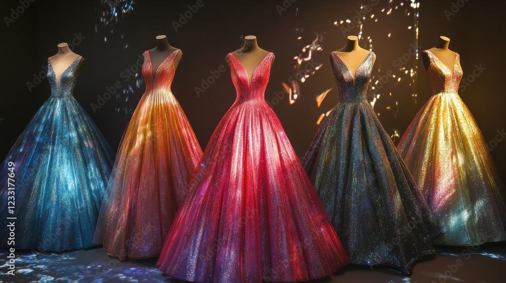 Obraz premium A collection of five glamorous evening gowns, each with a unique color and design, displayed on mannequins against a dark background.